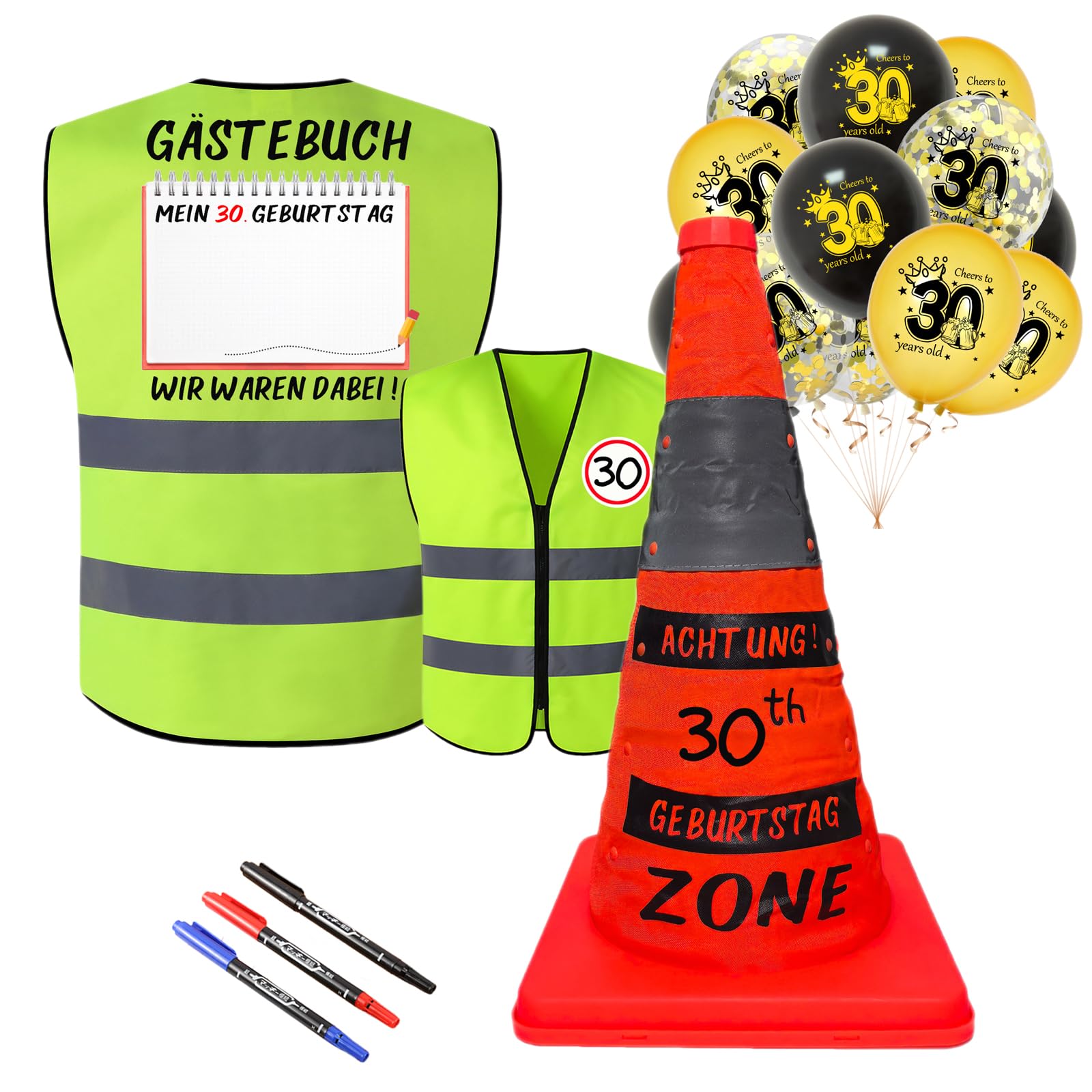 NEONSKY Kreative Geschenke für 30 geburtstag männer, Sicherheitshütchen und Westen mit lustigen Luftballons, Ölstiften, Geburtstag Männer, 30 Geburtstagsgeschenke Männer Partyzubehör