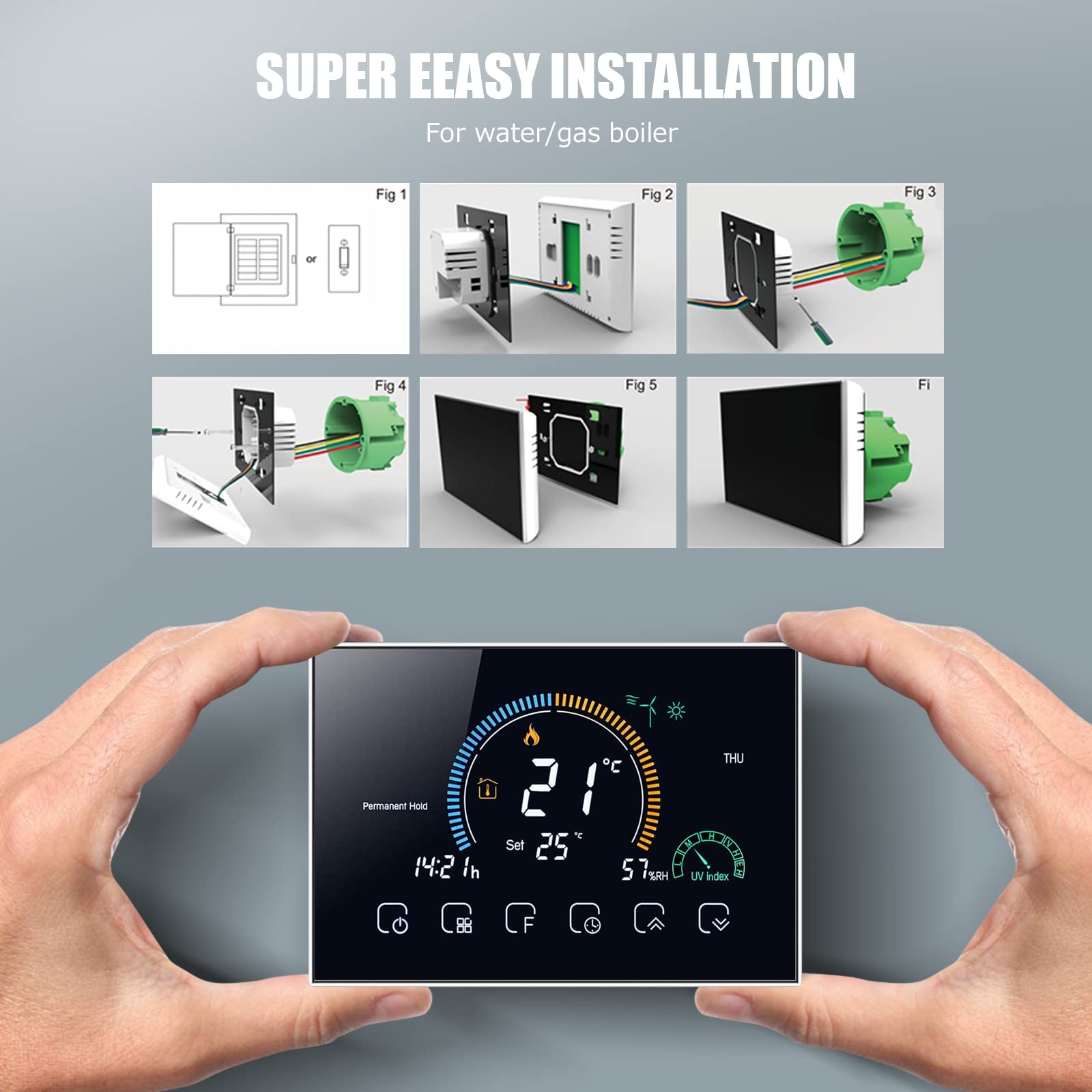 Termostato Calefaccion Wifi, Termostato Inalambrico para Caldera, Programable Inteligente con Pantalla Táctil, Compatible con Alexa Google Home, Soporte Control Remoto por Voz y con Pantalla LCD