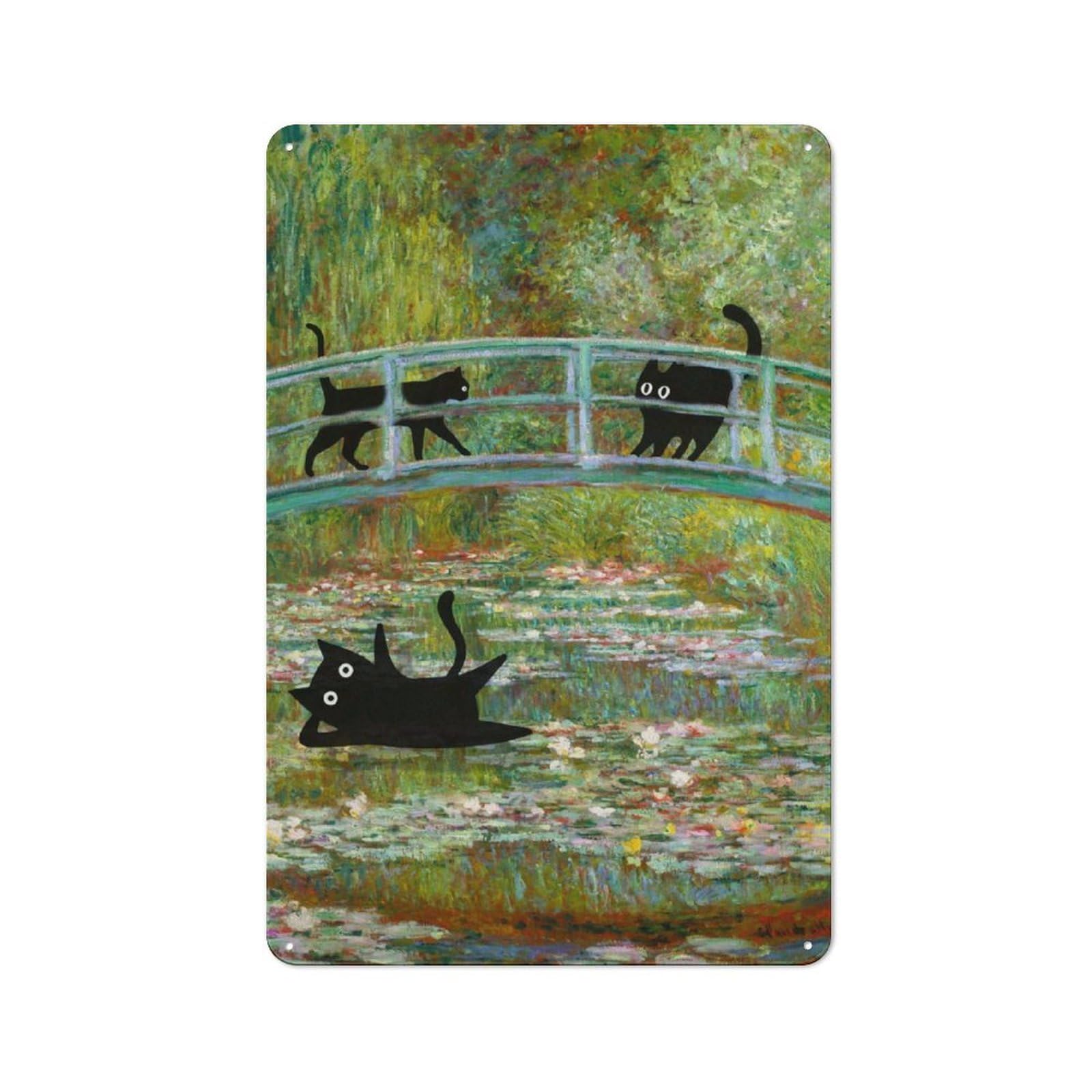 Junmoney Black Cat Monet Waterlily-1 Black Cat Monet Waterlily Retro Tin Sign 30X20cm For Hobby Room Or Studio, New-Space Wall Decor For Creative Interior Collectors