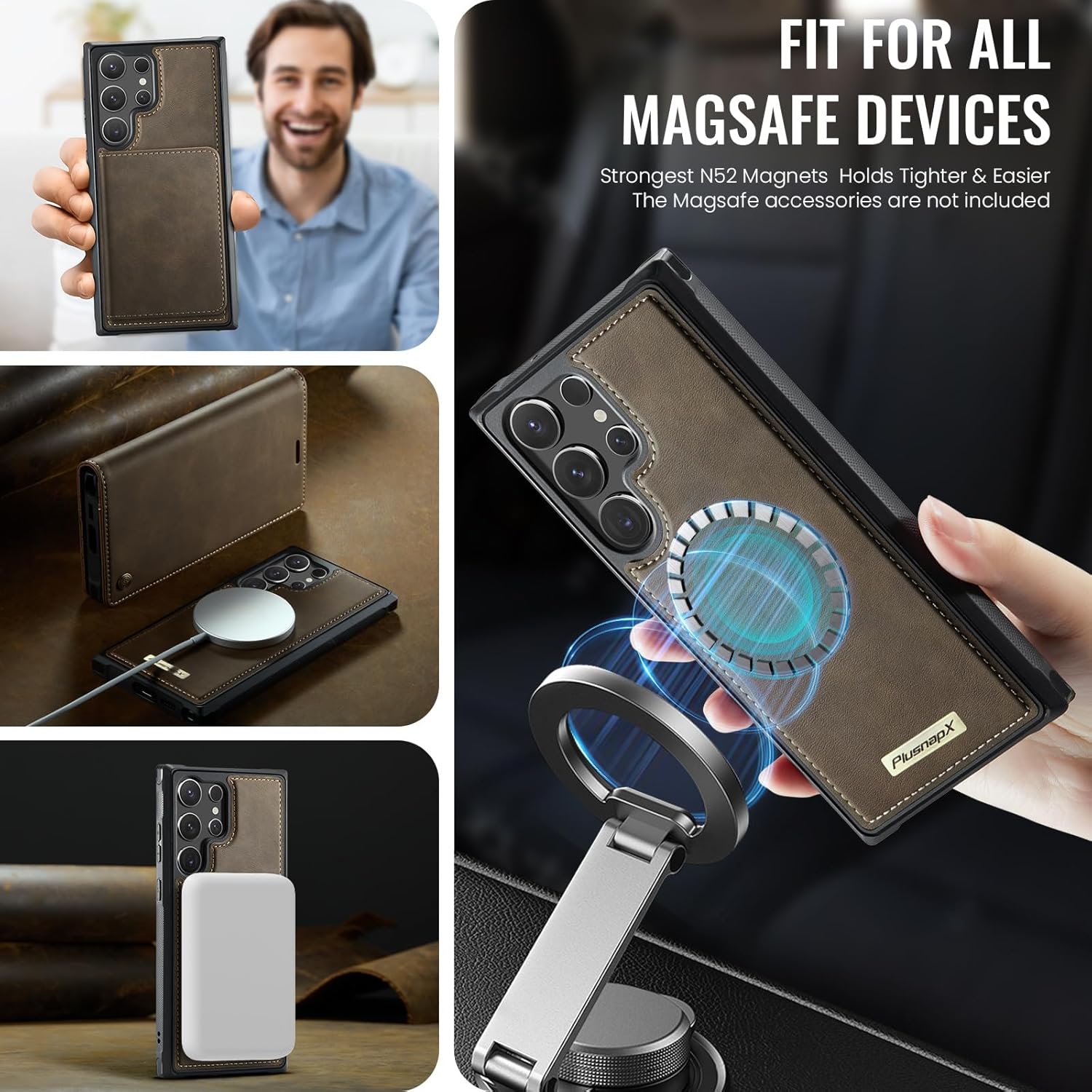 Wallet Case for Samsung Galaxy S25 Ultra Compatible with Magsafe, 2-in-1 PU Leather Flip RFID Blocking Card Holder Stand Shockproof Magnetic Detachable Cover for Galaxy S25 Ultra, Brown