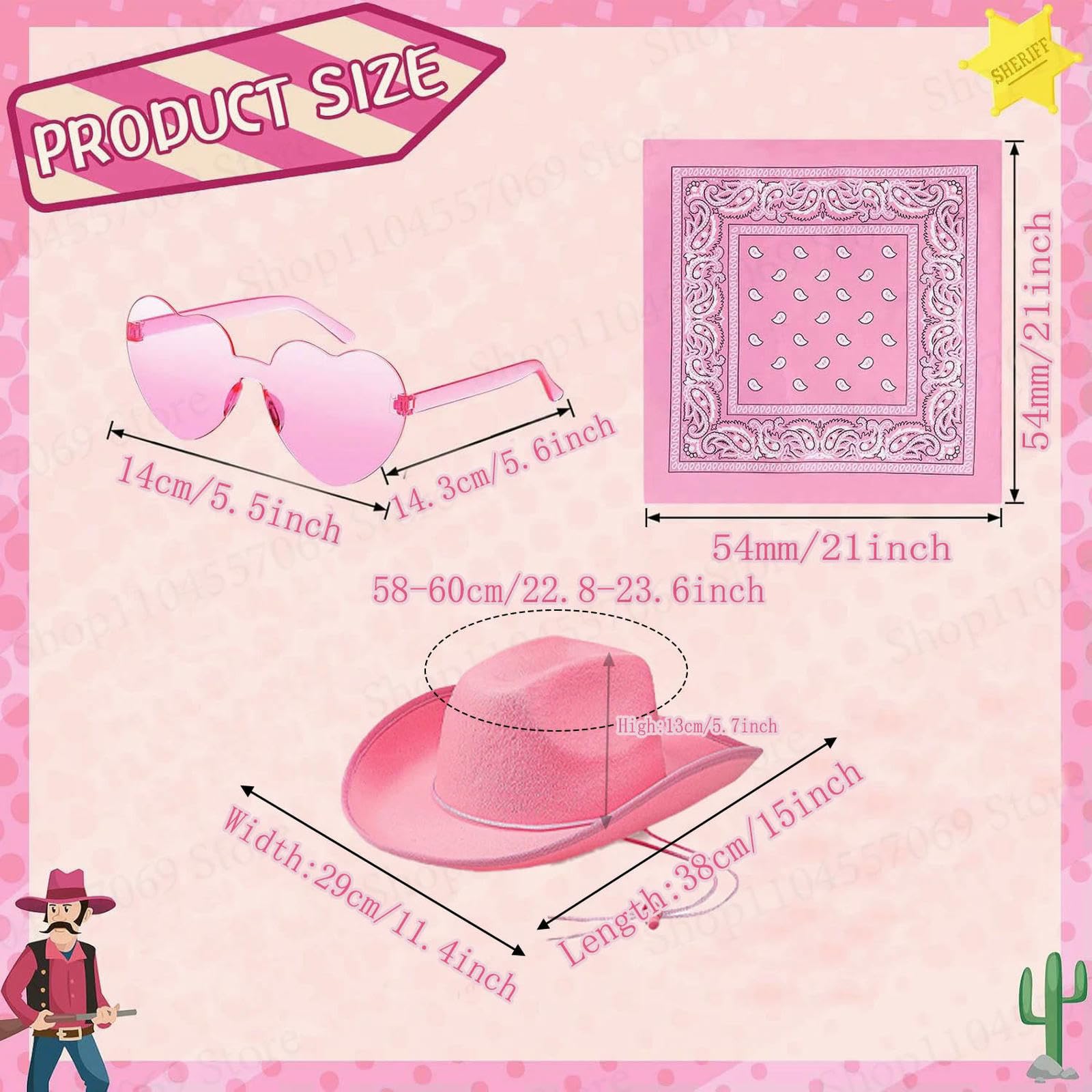 Gorro Pescador Negro Cowboy Hat Heart Gafas De Sol Paisley Bandana Set, Mujeres Soltero Kit Disfraz Fiesta, Estilo Occidental-Pink Set-24pcs