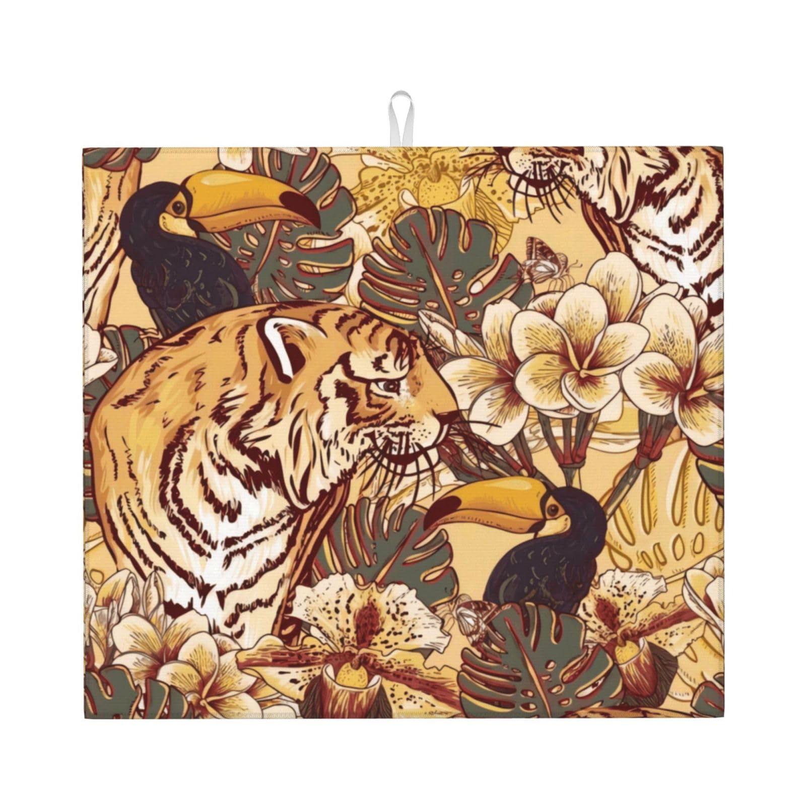 Yyhhaofa Black Tropical Tiger Prints Kitchen Drying Mat – Absorbent Dish Throw For Countertops, Non-Slip Quick-Dry Layer With Stylish Prints