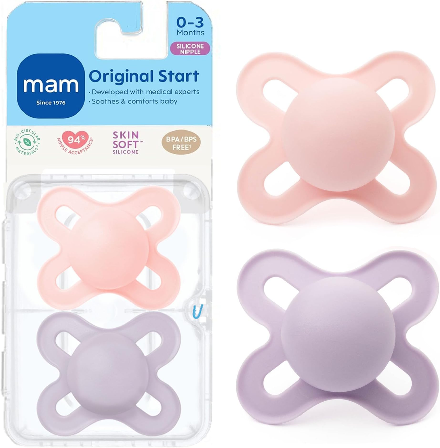 MAM Original Start Matte Baby Pacifiers, Binky for 0-3 Months, BPA-Free Silicone, Easy to Clean, Best for Newborn Babies, Developed with Medical Experts, 2 Count Binkies with Sterilizer Case