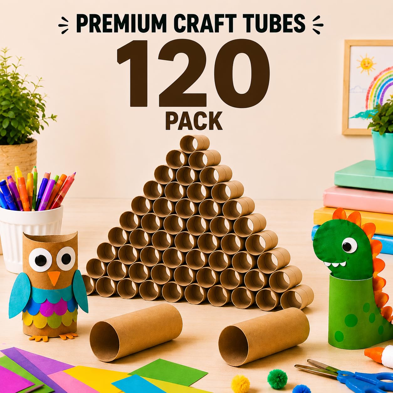 Paquete de 120 rollos de manualidades, tubos de cartón redondos, tubos de cartón para manualidades, tubos de papel para manualidades, 1.57 x 3.9 pulgadas, color marrón