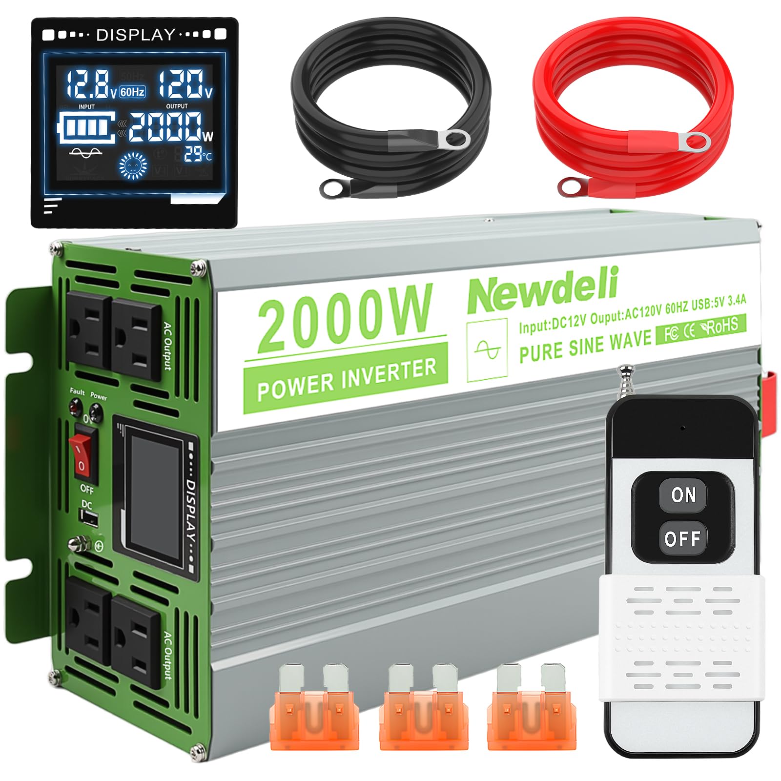 Newdeli 2000 Watt Power Inverter 12V DC to 110V 120V AC Pure Sine Wave Inverter with LCD Display, Remote Controller, 4 AC Outlets and 5V 3.4A USB Port for Vehicles Car Truck RV Solar System Camping