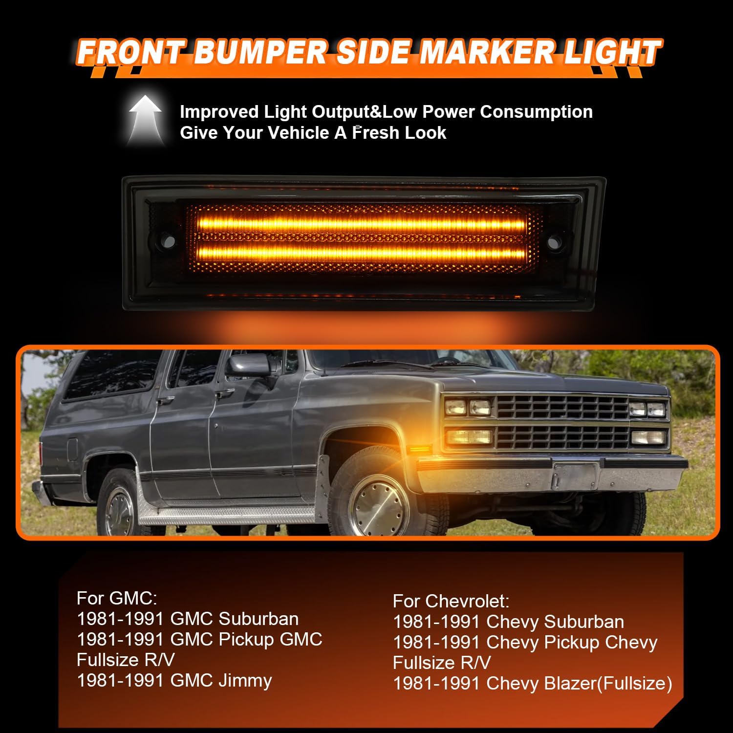 LED Front Fender Side Marker Light for 1981-1991 Chevy/GMC C/K 1500 2500 C10 C20 Suburban Blazer Jimmy Smoked Lens Amber Indicator Lamp, Replaces# GM2551107 GM2550115 915557 915558