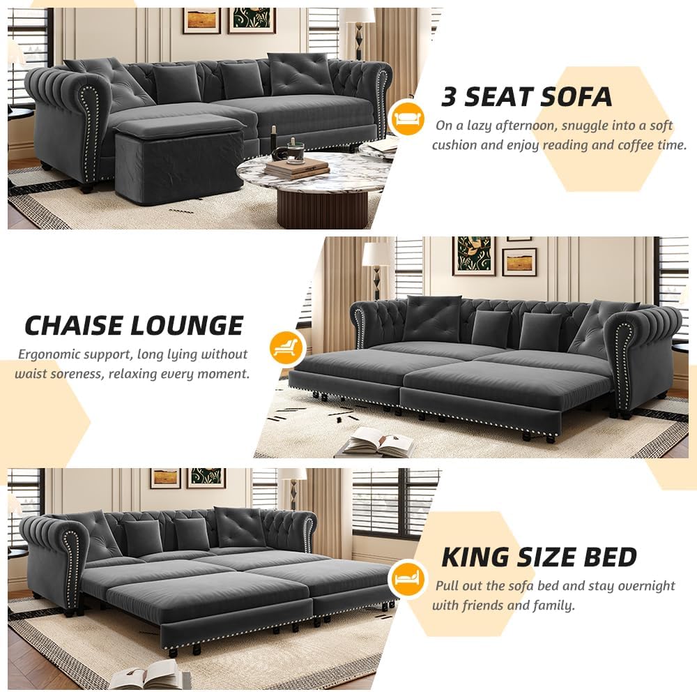 89" Grey Velvet Chesterfield Sleeper Sofa 3-in-1 Convertible L-Shaped Couch with Ottoman
