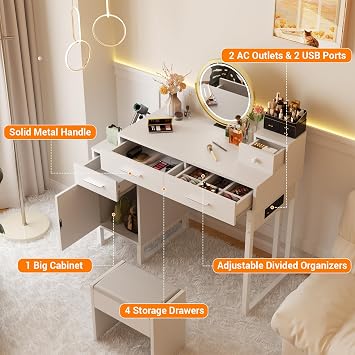 iSunirm Dressing Table Vanity Desk with 4 Storage Drawers - Modern Makeup Desk with Charging Station, Vanity Desk with Reversible Cabinet Table Set with Divided Organizers for Women Girls