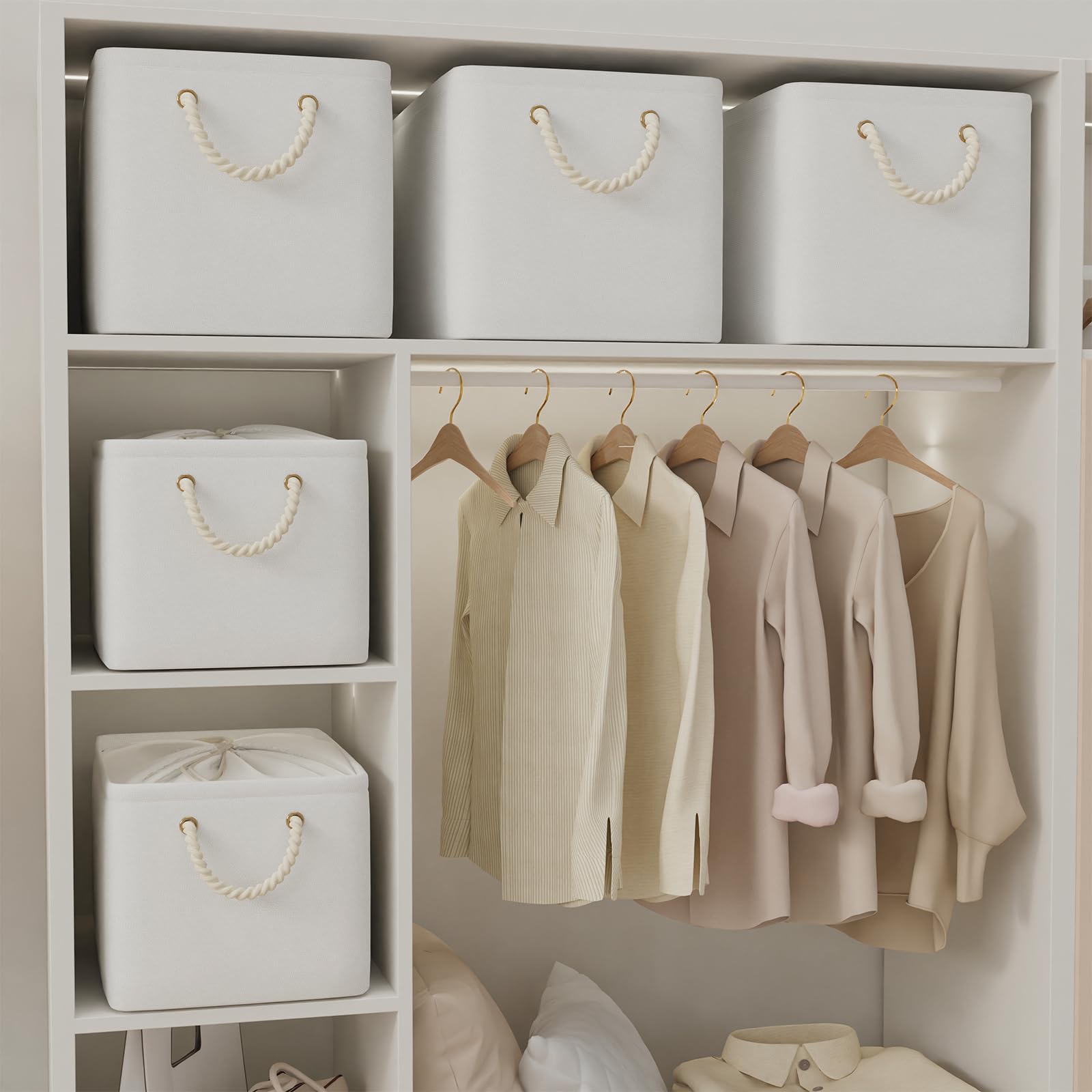 Yawinhe Caja de almacenaje, Cestas Almacenaje de Tejidos con Manijas, Plegable Cajas Organizadoras para Ropa, con Cubierta de Cordón, Adecuada Para Dormitorio, Bianco,38x28x26cm