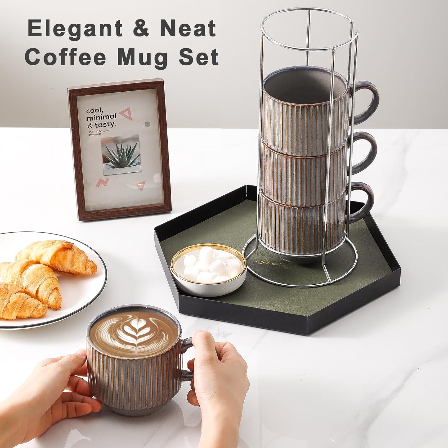 HASENSE Porcealin Coffee Mugs, Stackable Coffee Cups Set of 4 with Stand - 15 oz Large Ceramic Ribbed Latte Cup Set for Cappuccino, Tea, Hot Cocoa, Drinks - Dishwasher & Microwave Safe, Brown