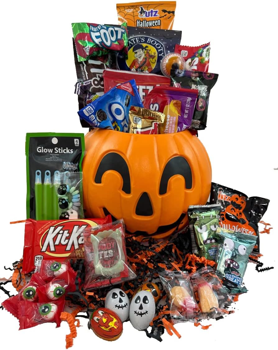 Trick-or-Treat Campus Survival Kit Premium Halloween Care Package with Sweet and Salty Snacks and A Pumpkin Bucket
