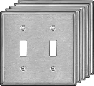 [5 Pack] BESTTEN 2-Gang Stainless Steel Toggle Wall Plate with White or Clear Protective Film, Anti-Corrosion Metal Toggle Light Switch Cover, Brushed Finish, Standard Size, Silver
