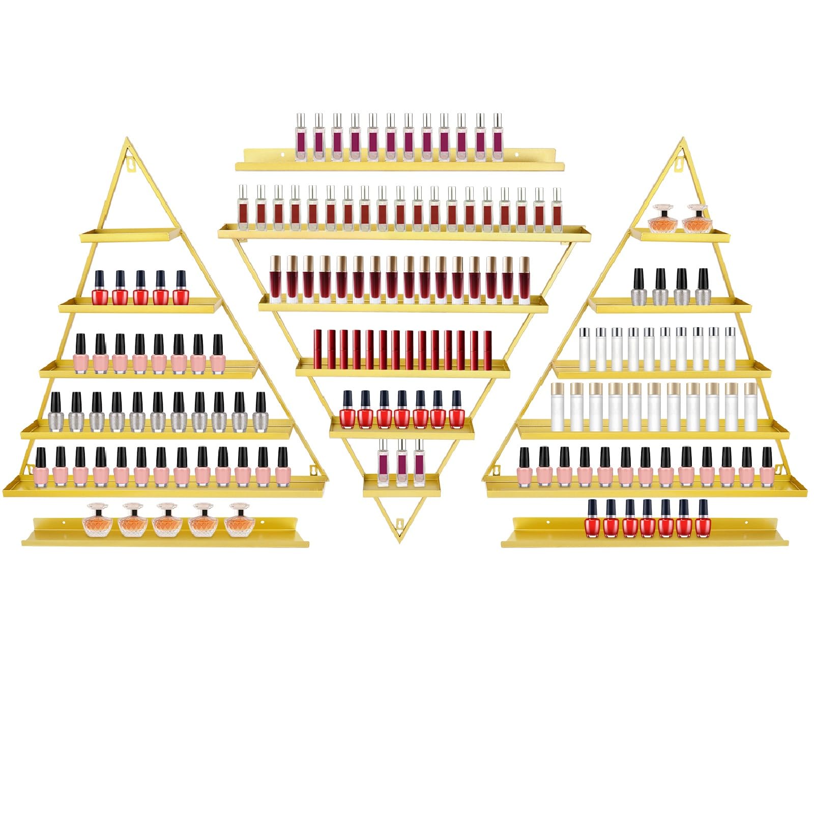 Estantería de pared para esmalte de uñas, 5 niveles, expositor triángulo, hierro dorado, 50 kg, almacenamiento cosmético, lápiz labial perfume, para salón manicura casa, guardapollas