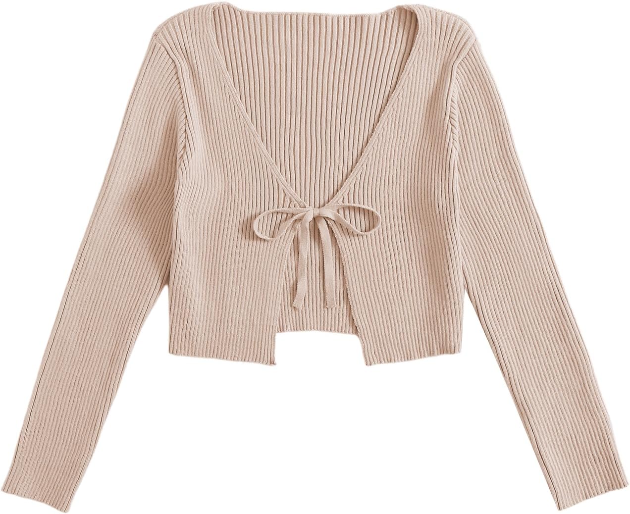 Floerns Women's Tie Front Long Sleeve Rib Knit Shrug Sweaters Cardigan Crop Top