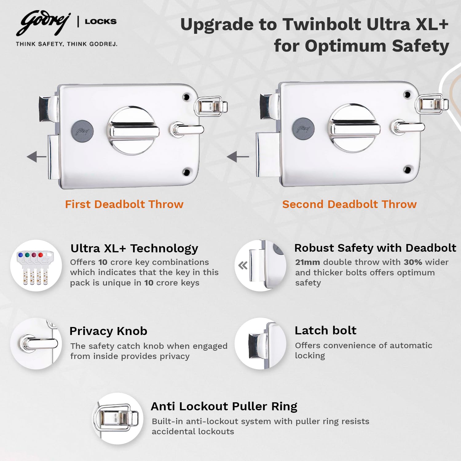 Godrej Rim Lock l Twinbolt Ultra XL+ l 1CK Latchbolt l for Outside Opening Wooden Main Door l Left/Right Handed Doors l 4 Keys l 5 Year Warranty l Automatic Locking l Satin Nickel Finish 1