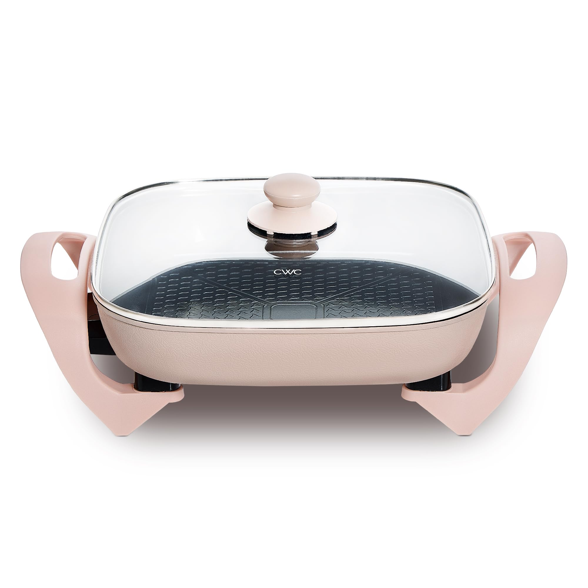Electric Skillet - 12" x 12" Ceramic Nonstick Pan, PFAS-Free, 1400W, Tempered Glass Lid, Variable Temperature, Removable Heating Probe, Cool-Touch Handles, Blush