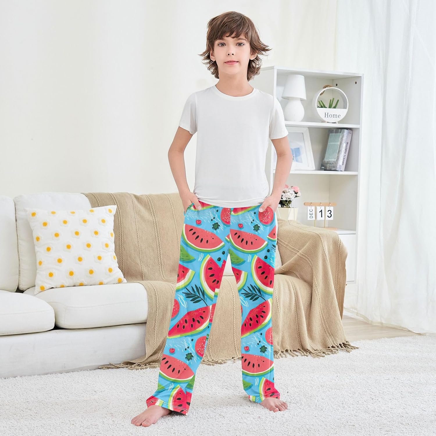 Cartoon Watermelons Leaves Pajama Lounge Pants Long Pajama Bottoms with Pockets Elastic Waist for Christmas