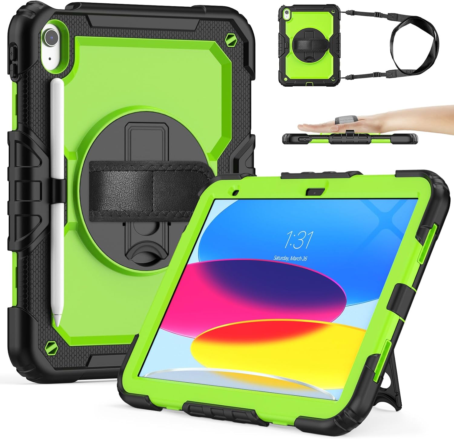 SIBEITU Case Compatible with ipad 10th Generation10.9'', ipad 10 Case with Screen Protector and Pencil Holder Full-Body Drop Protection, 360° Rotate Hand Shoulder Strap 2022