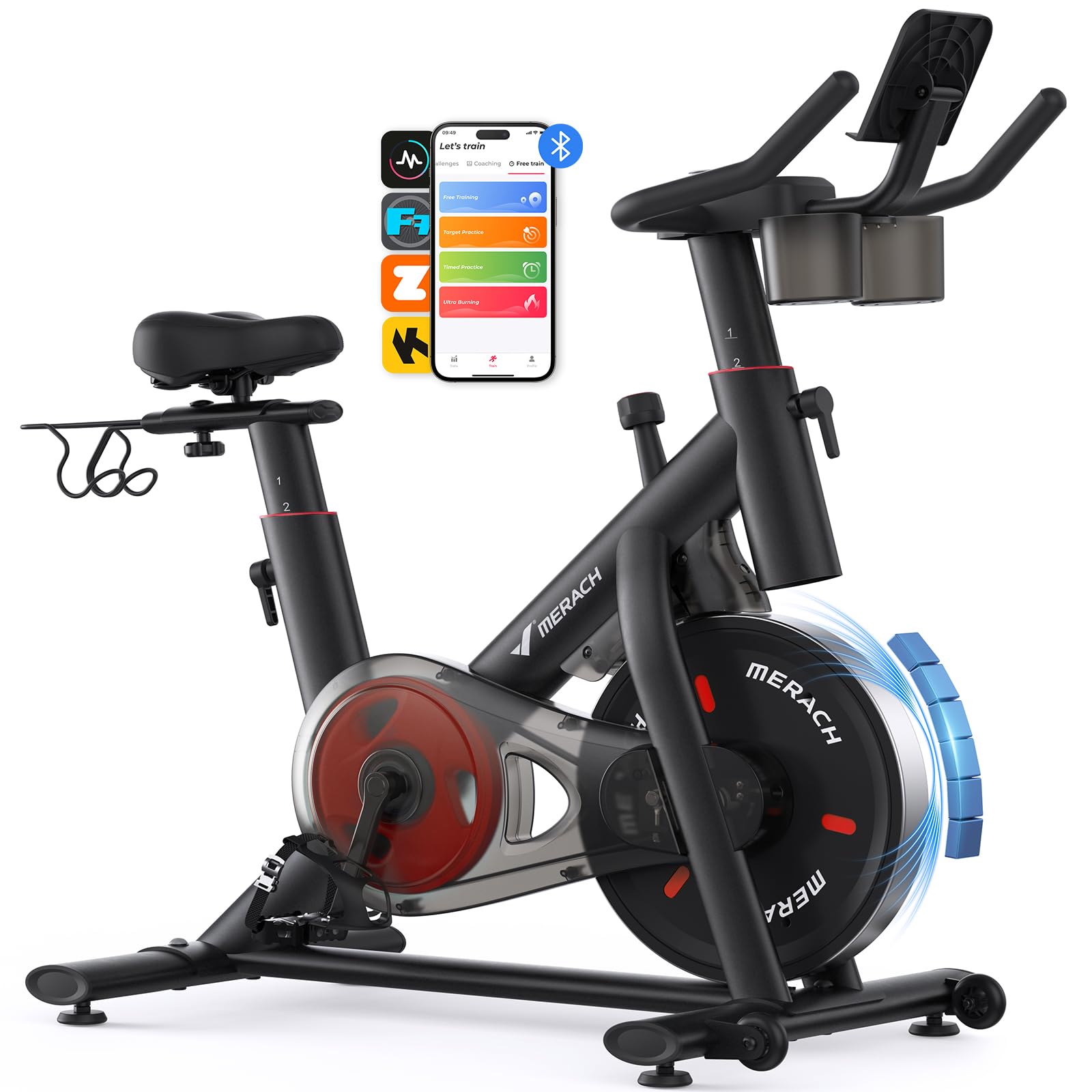 MERACH Heimtrainer Fahrrad mit Verstellbarem Widerstand, Leises Hometrainer Fahrrad mit Verbessertem LED-Monitor, Tablet-Halter, Indoor Cycling Bike für Kardiotraining zu Hause, Eigener App, Bis 136KG