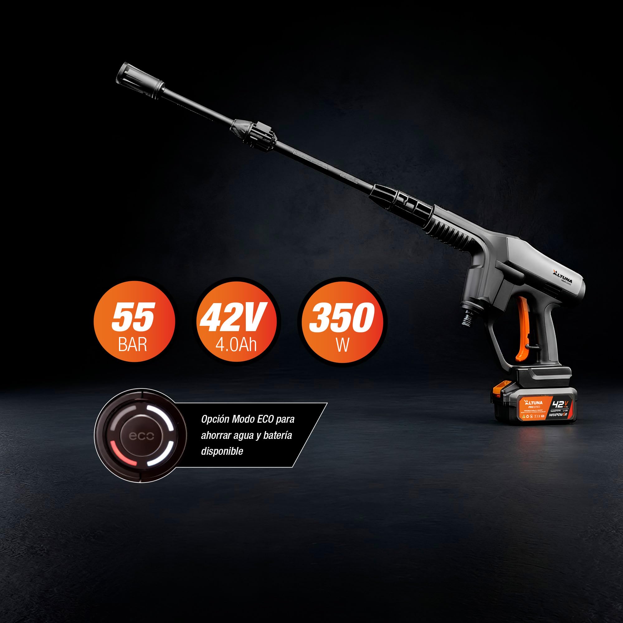 Altuna Hidrolimpiadora a Batería 42V – Pistola a Presión 55 Bar – Bomba de Aluminio – Toma de Agua Desde Cubo, Tanque o Grifo – Paro Automático TSS – Limpieza Exterior, Coche y Terraza – AH02