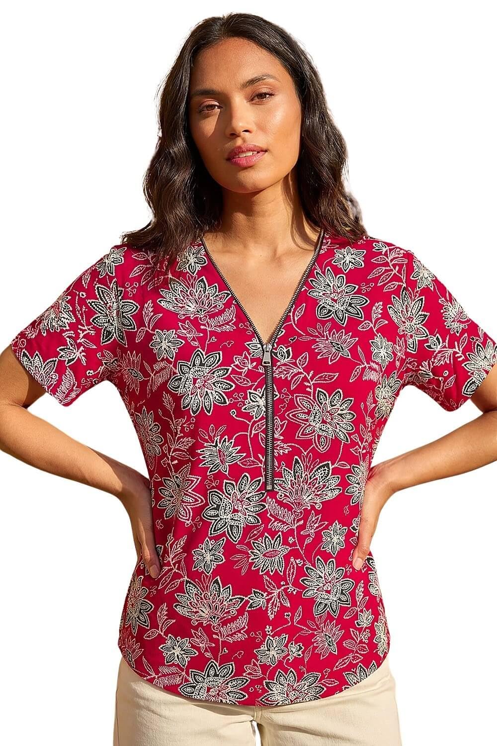 Roman - Women's Top - Floral Print - Size 10 - Red