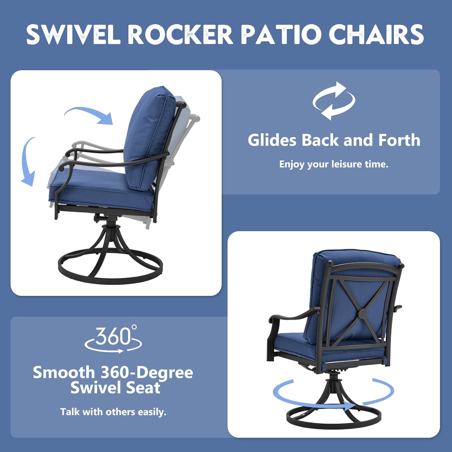 EROMMY Patio Swivel Chair Set of 6, Heavy Duty Outdoor Dining Chairs with Thickened Cushions, Metal Patio Chairs Gentle Rocker for Outside, Garden Lawn & Porch, Backyard, Blue