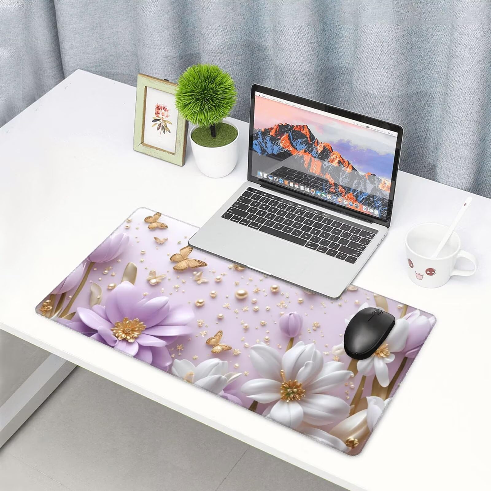 Podkładka pod mysz XXL 1200 x 600 mm, fioletowa podkładka pod mysz z kwiatami XXL 120 x 60 cm, wodoodporna antypoślizgowa podkładka pod mysz na biurko zszyte krawędzie, podkładka pod mysz z