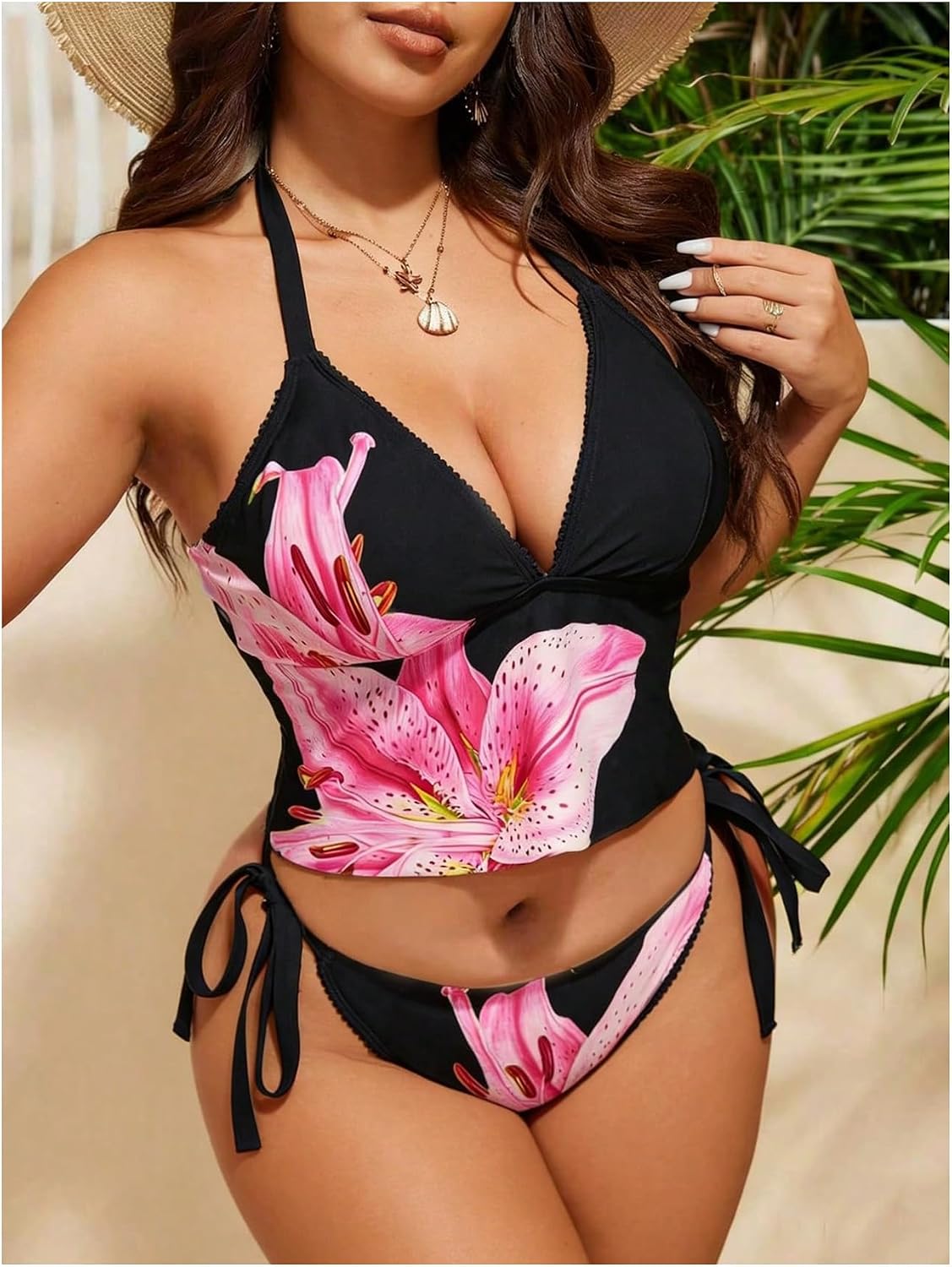 SHENHE Women's Plus Size Floral Tankini Swimsuits Halter V Neck Tie Side String Bathing Suits