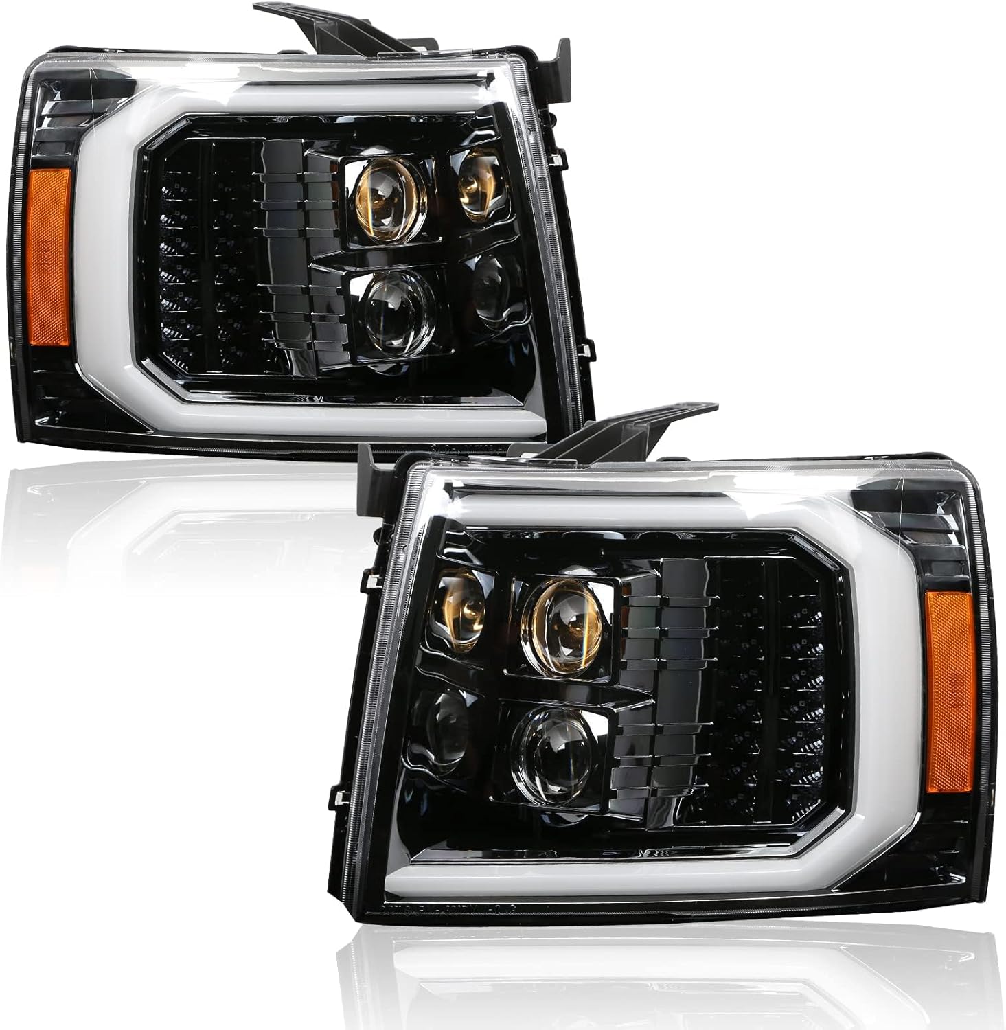 PZ Led Headlight Assembly Compatible with Chevy & GMC - Silverado 1500 2500HD 3500HD 2007-2014, Sierra 3500HD 2007-2014, Switchback Turn Signal, Clear Lens, Chrome Cover, Driver and Passenger Sides