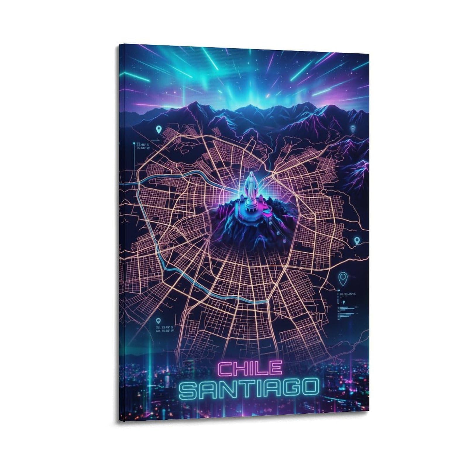 OKAHYS Santiago Chile City Map Poster Neon Skyline Art Modern Decorative Canvas Prints - Ideal Wall Art for Family, Man Cave, Game Room, Boys & Girls Bedroom 20x30inch(50x75cm)