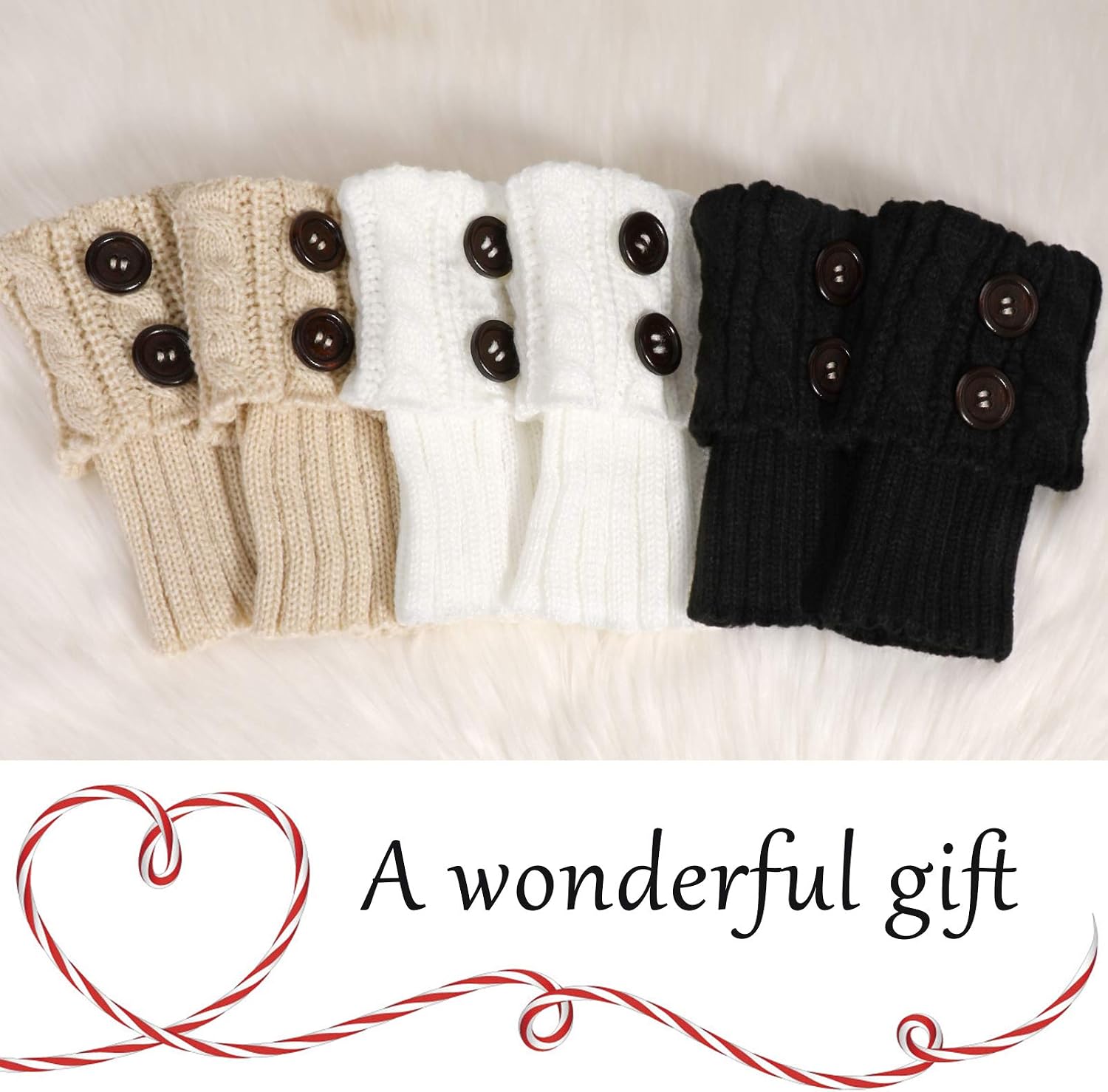 PHOGARY 3 Pairs Winter Warm Boot Cuffs for Women, Crochet Knitted Boot Socks for Girls Short Leg Warmers Boot Topper Socks Leg Cuffs Boot Warmers Gift (Black+ Beige+White)