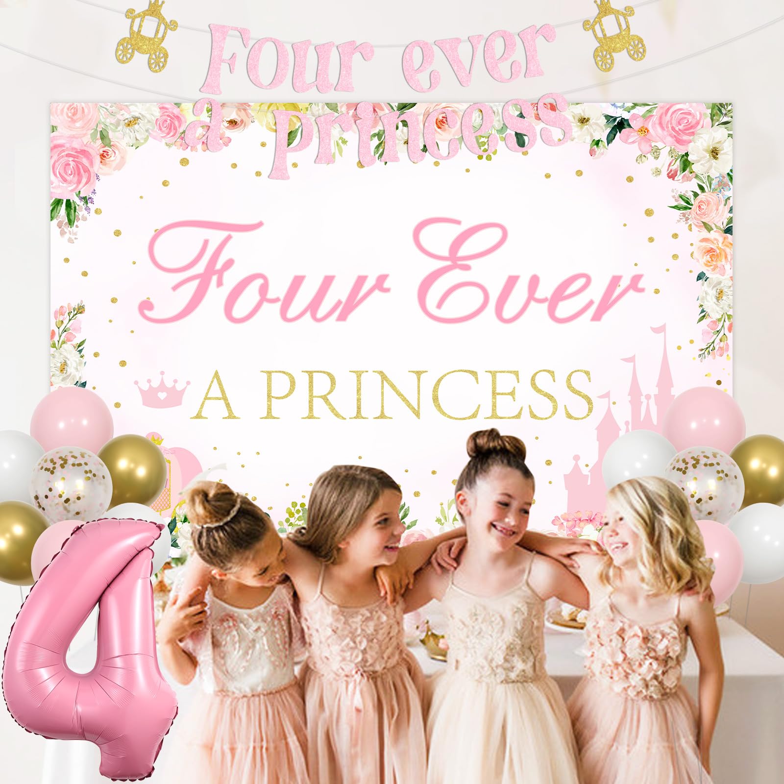 Four Ever A Princess 4th Birthday Decorations - Pink Gold Backdrop & Balloons Arch Kit