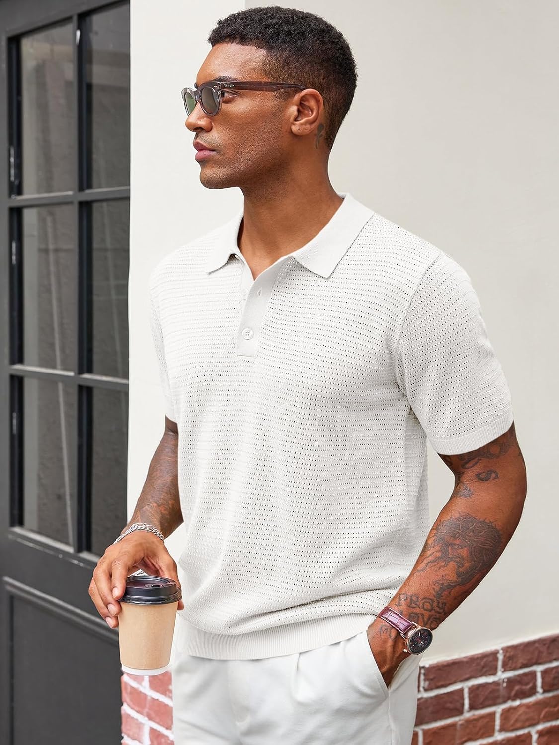 Runcati Mens Knit Polo Shirts Short Sleeve Casual Hollow Out Shirt Texture Classic Golf Polo - Image 3