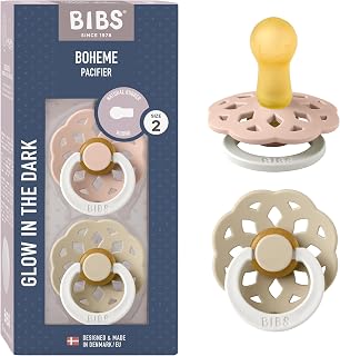 BIBS Boheme Glow-in-the-Dark Pacifiers 2-Pack, Size 2 (6-18 Months) - BPA-Free Natural Latex Round Nipple, Blush Glow/Vanilla Glow