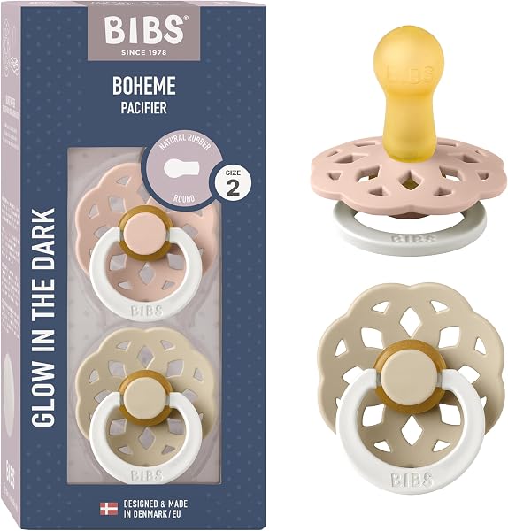BIBS Boheme Lot de 2 tétines phosphorescentes, Sans BPA, Téterelle ronde, Latex de caoutchouc naturel, Taille 2 (6-18 mois), Rose Clair/Vanille - 1