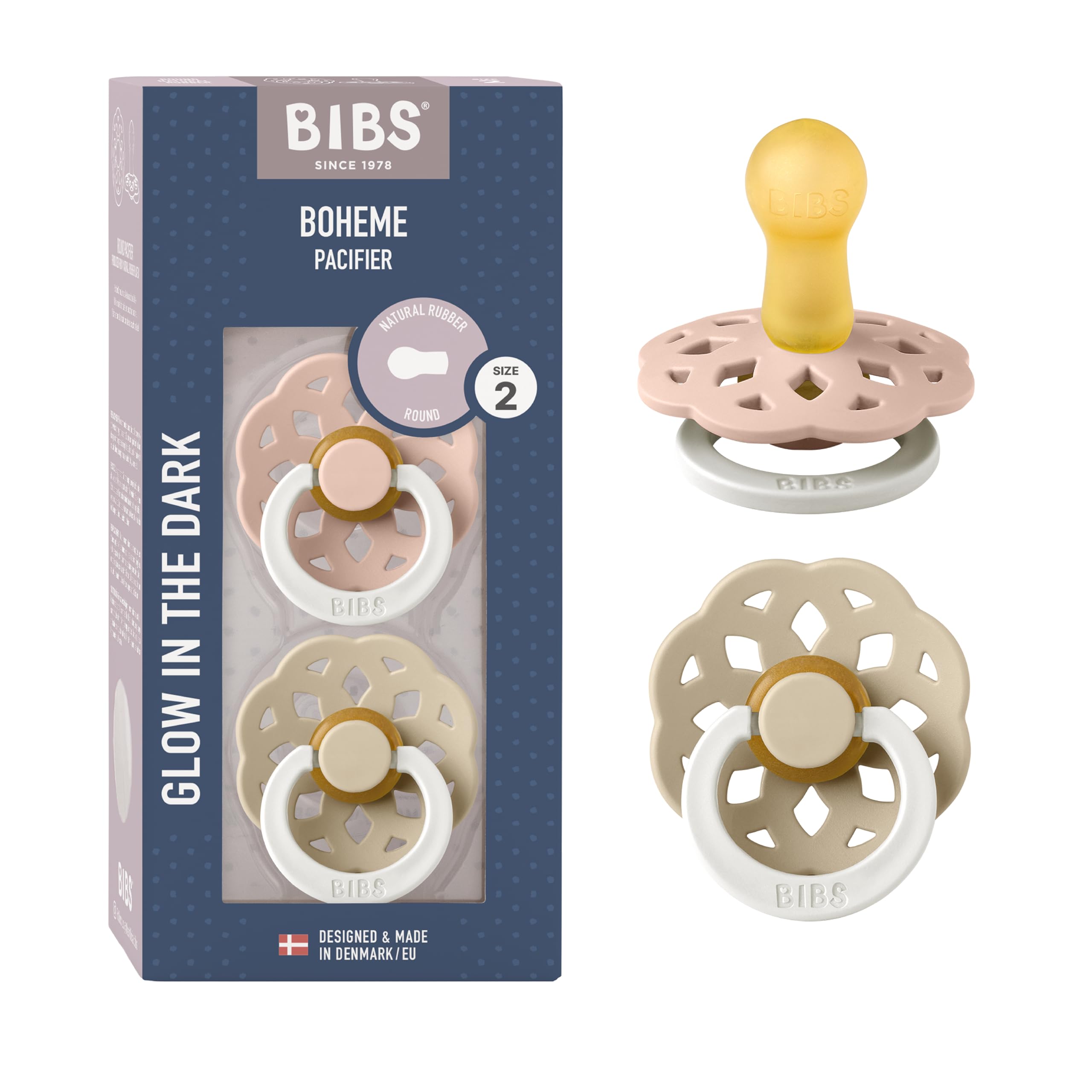 BIBS Boheme Glow in The Dark Soother 2-Pack. BPA Free. Round Nipple Latex, Size 2 (6-18 Months), Blush Glow/Vanilla Glow