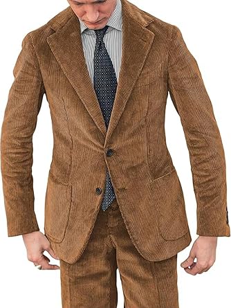 Mens Suit 2 Piece Corduroy Casual 2 Button Regular Fit Blazer with Pants Sets