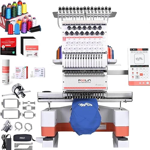 Poolin EOM 15-Needle Embroidery Machine | Starter Bundle – Includes 3D Puffy Foam,15 Threads,144pcs Pre-Wound Bobbins, 12x25'' Cut Away Stabilizer