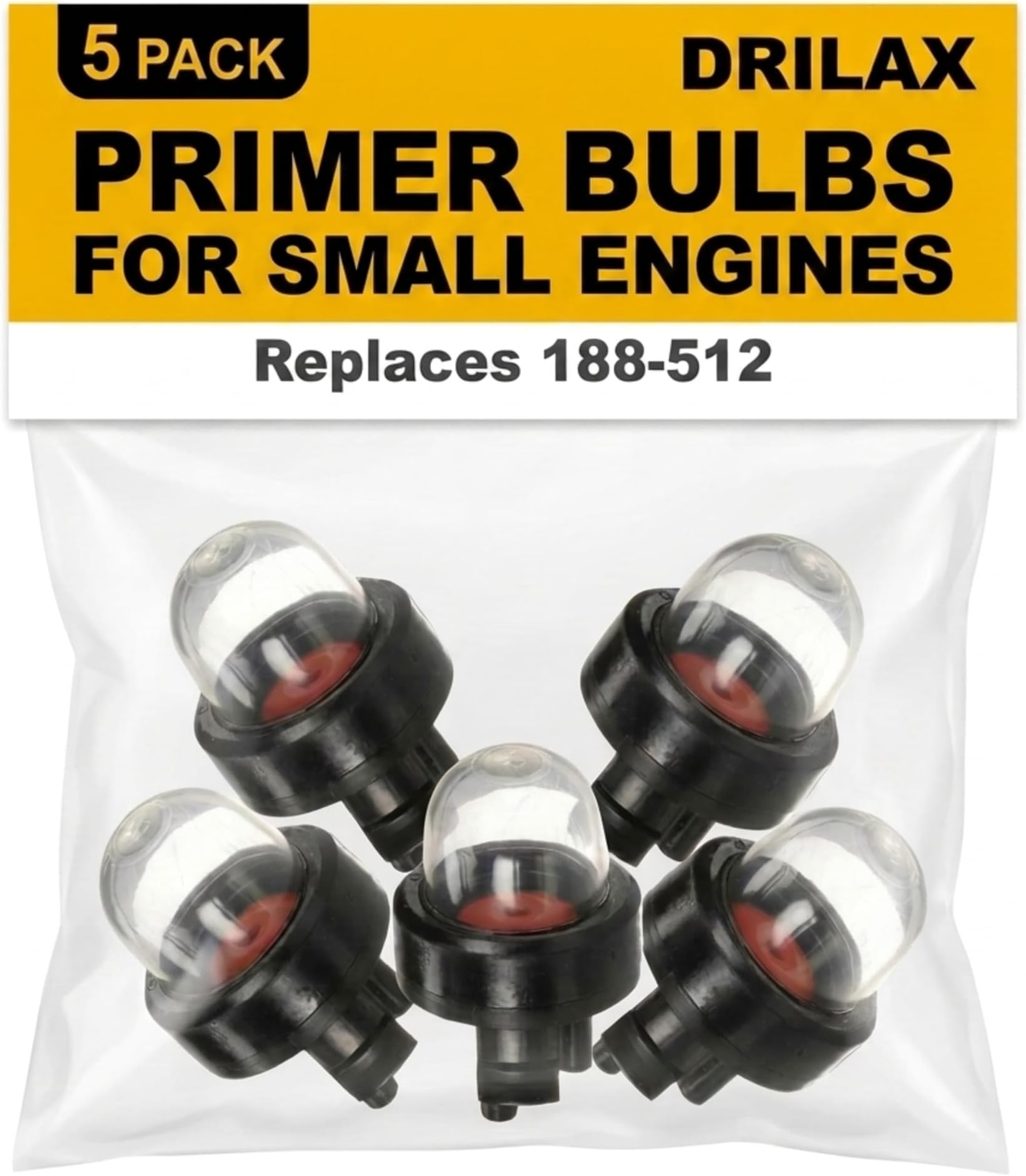 Drilax Primer Bulbs for Small Engines, 5 Pack Snap In Purge Pump Replacement, Replaces 188-512 188512, Fits Ryobi Poulan Homelite Hitachi Trimmer Blower Chainsaw