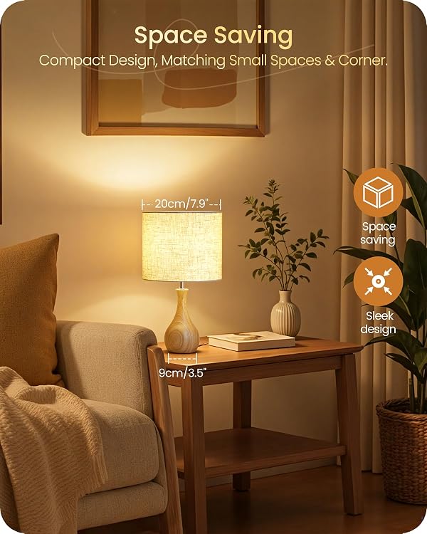 GOEBLESON Small Table Lamp, Wood Desk Lamp with Beige Linen Lampshade & Natural Wood Bottle-Shaped Base, Modern Bedside Lamp with Cable, E26 Base, Bulb Not Included, for Bedroom, Kid's Room, ME09TL05 by GOEBLESON - Used condition - Image 3