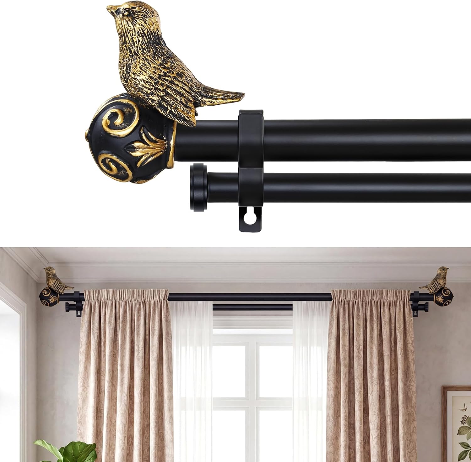 Double Curtain Rods for Windows 28-48 Inch, Gold Bird Finials