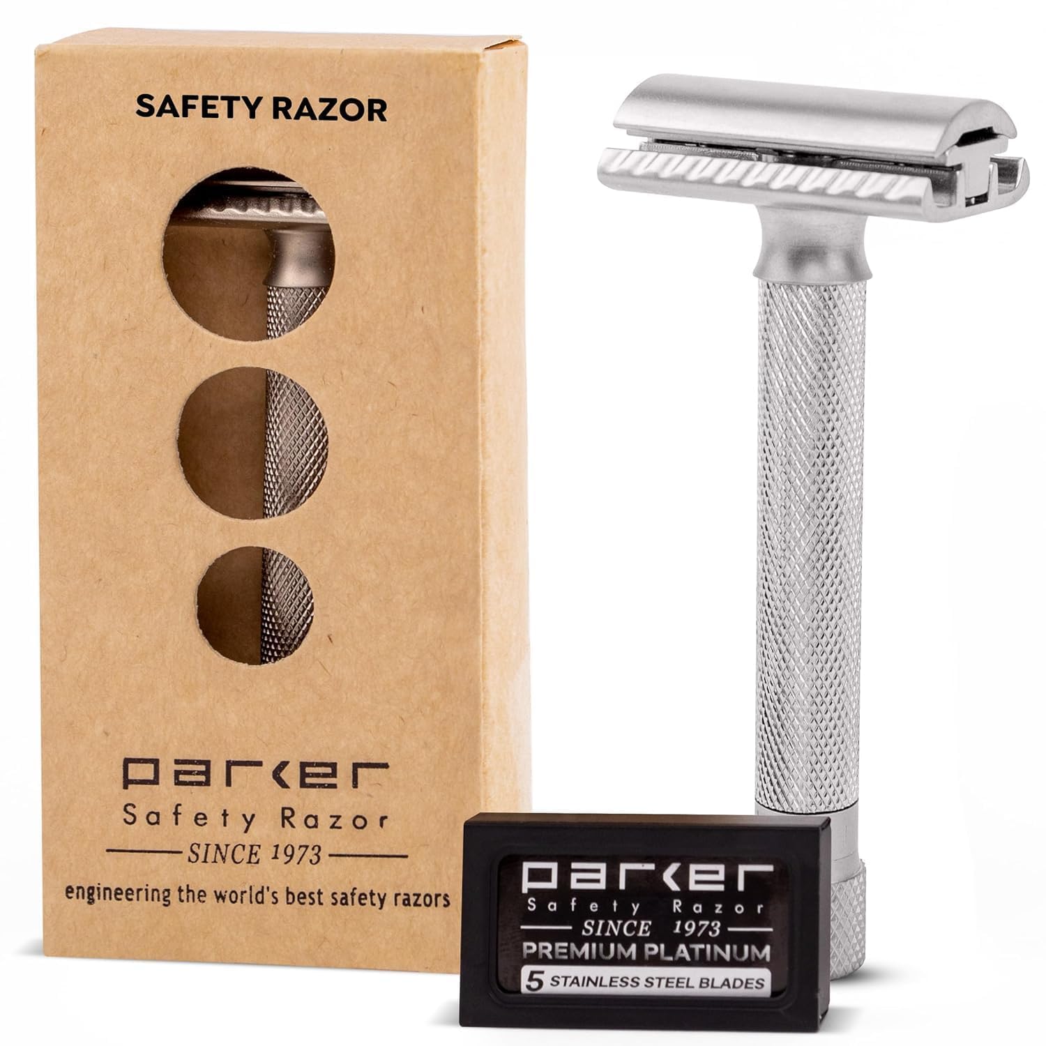 Parker Safety Razor Parker Variante regolabile doppio bordo rasoio di sicurezza e 5 Premium Blades - Cromo satinato