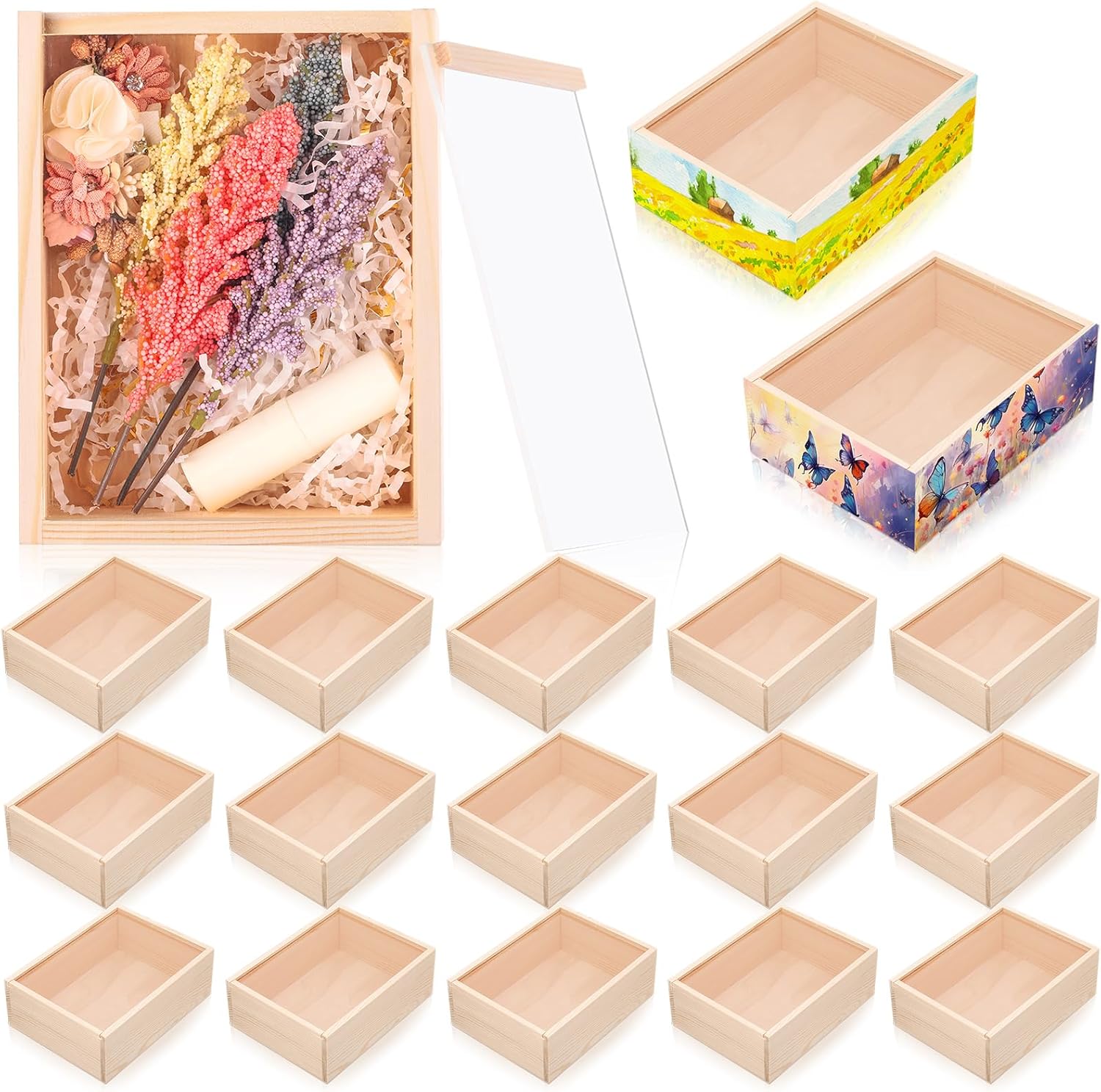 Thyle 18 Pcs Unfinished Wood Boxes with Acrylic Lids Small Unfinished Wood Boxes Crafts Gift for Flower DIY Wedding Party Favor Supplies (6.3 x 4.9 x 1.8 Inch)