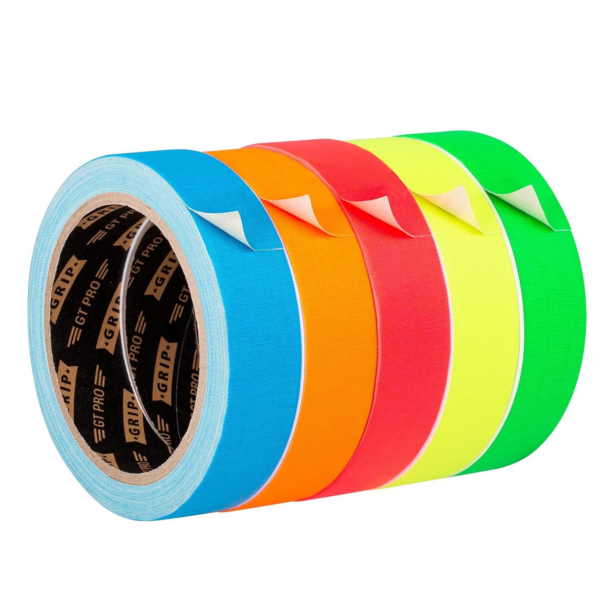 GRIP Eventbasics GT PRO Neon Tape - Set di 5 nastri fluorescenti in tessuto 25 mm x 10 m, opaco e antiriflesso, nastro UV in 5 colori (verde neon, rosa neon, blu neon, arancione fluo, giallo fluo)