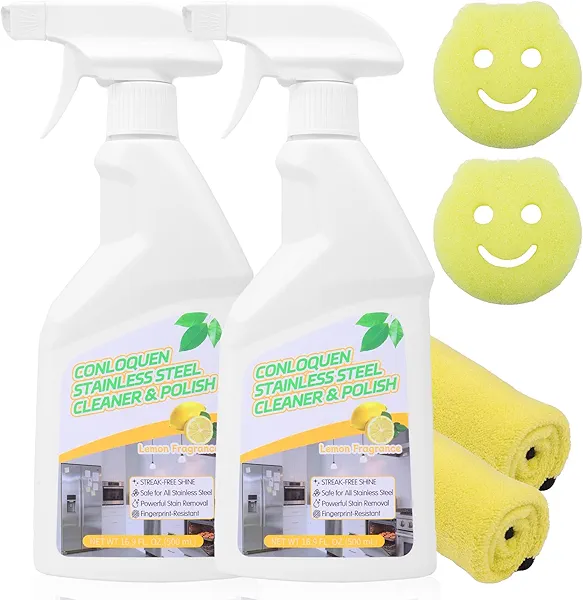 Conloquen 2-Pack Stainless Steel Cleaner Spray, Cleans & Polishes for Streak-Free Shine on Appliances, Sinks, Ovens, Refrigerators – Includes 2 Kitchen Sponges & 2 Microfiber Cloths, Lemon Scent