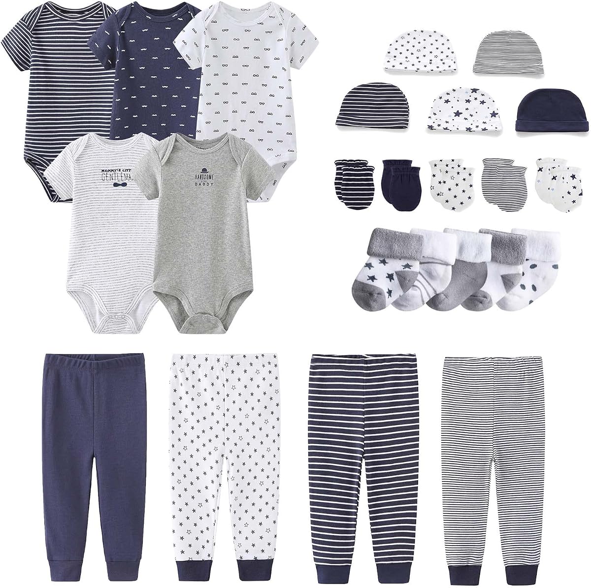 MAMIMAKA Set de Regalo Canastilla Recién Nacido Body Pantalones para Bebé Niña y Niño 24 Piezas 100% Algodón Básicos y Accesorios