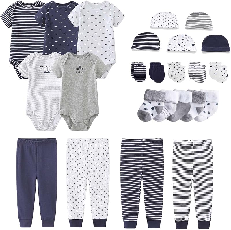 MAMIMAKA Set de Regalo Canastilla Recién Nacido Body Pantalones para Bebé Niña y Niño 24 Piezas 100% Algodón Básicos y Accesorios
