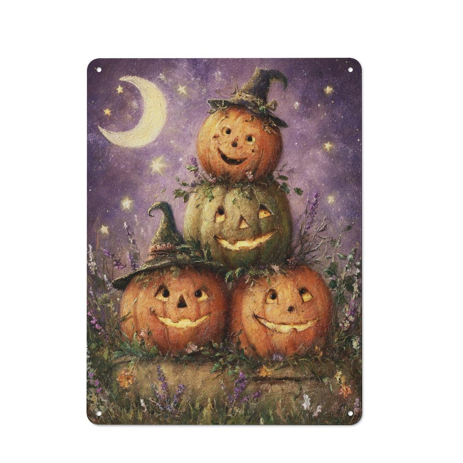 Junmoney Moonlit Pumpkin Parade Retro Metal Wall Sign 40X30cm Featuring For Hallway Wall, For Garage, Workshop And Man Cave Decoration