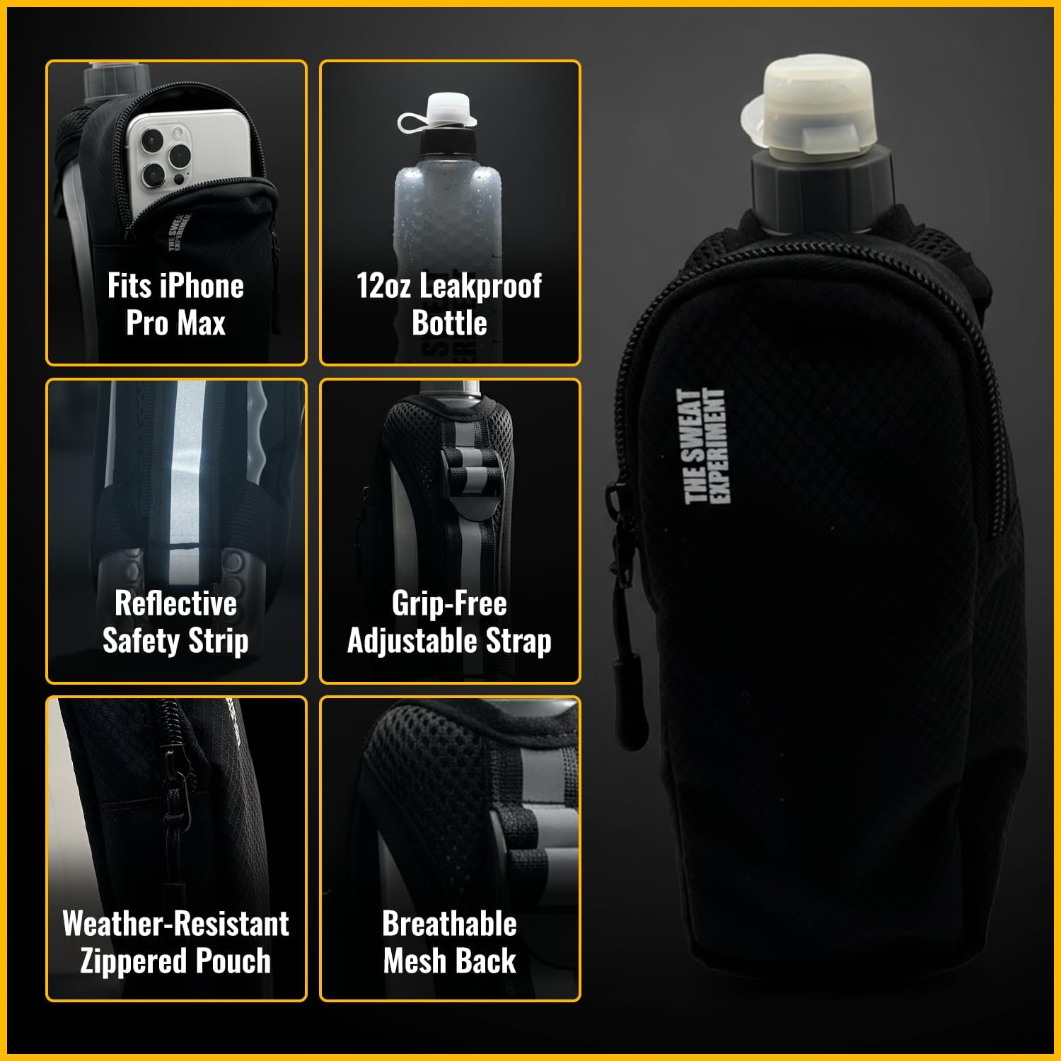 Handheld Running Water Bottle with Large Phone Holder – 12oz Grip-Free Hydration Flask with Pocket for Cards & Keys – Adjustable Strap for Walking, Running, Hiking, Marathons