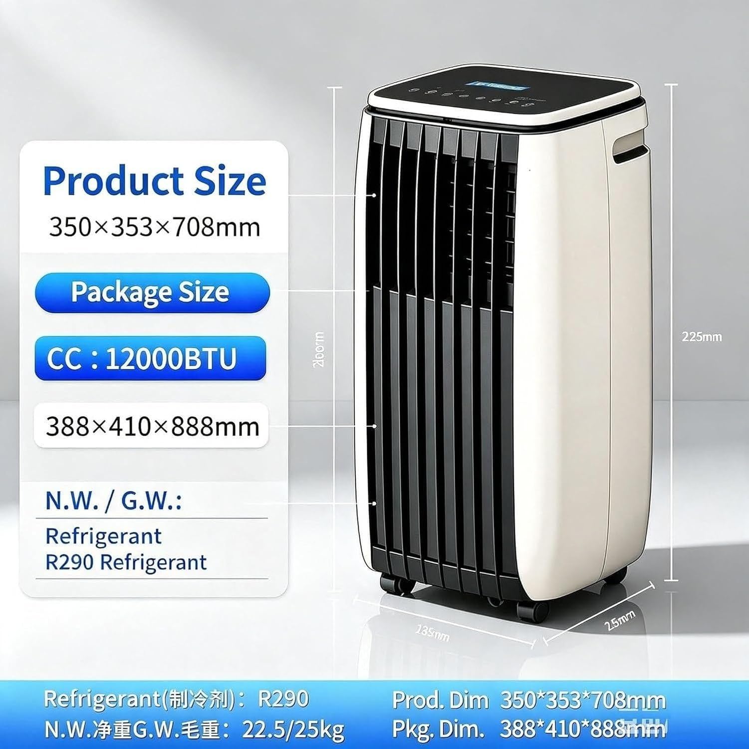 Aire Acondicionado Portátil 14000 BTU Solo Frío, 220-240V 50Hz, Compresor Silencioso, Kit Manguera Ventana, Ruedas, Unidad Compacta Móvil, C+12000 Btu, C+12000 BTU